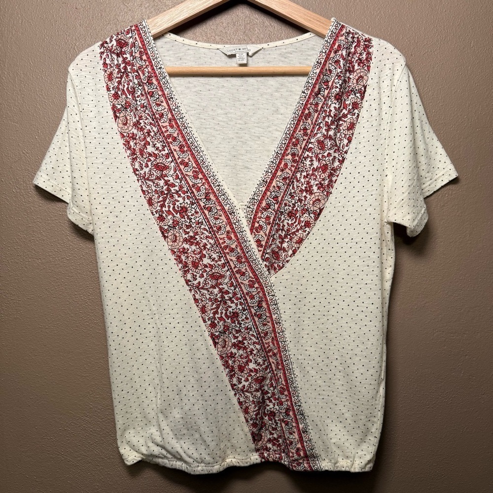 Lucky Brand Wildflower Surplice Top Size Small Faux Wrap  Floral & Polka Dot